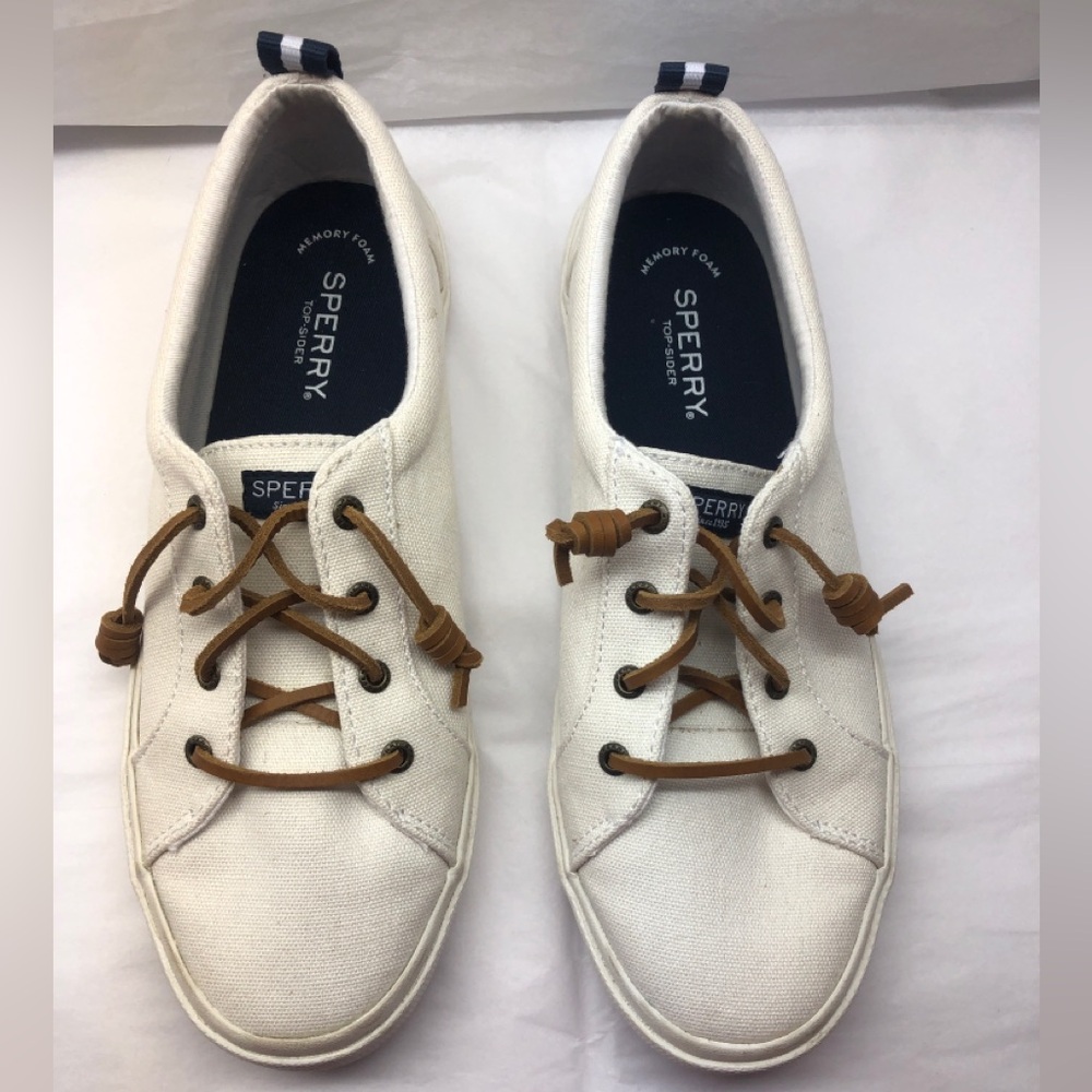 Sperry Top Sider Women's Casual White Canvas with Tan Laces up Size 10M